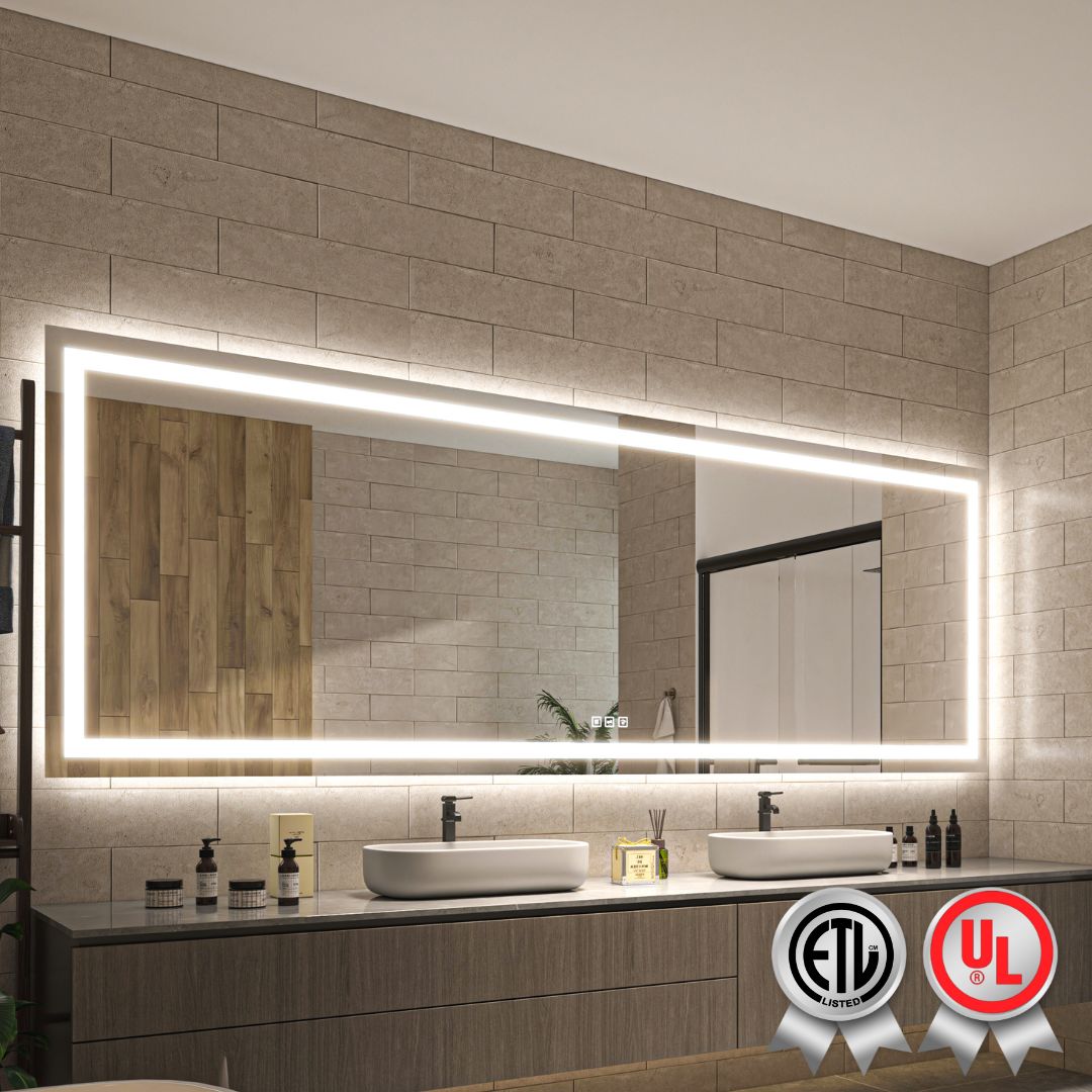 Waterpar® 96 in. W x 36 in. H LED Large Rectangular Frameless Anti-Fog Bathroom Mirror Front & Backlit