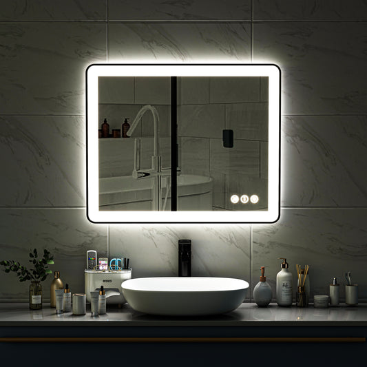 Waterpar® 36 in. W x 30 in. H Rectangular Framed Anti-Fog LED Wall Bathroom Vanity Mirror in Black with Backlit and Front Light