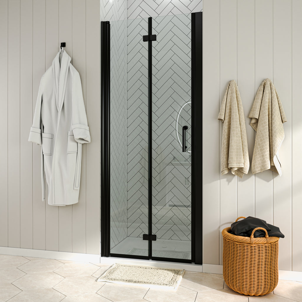 Waterpar® Bi-Fold Minimalist Frameless Shower Door Matte Black Clear Glass