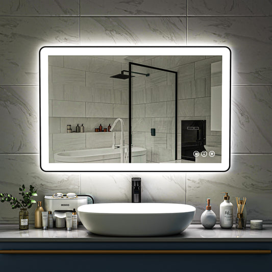 Waterpar® 48 in. W x 32 in. H Rectangular Framed Anti-Fog LED Wall Bathroom Vanity Mirror in Black with Backlit and Front Light