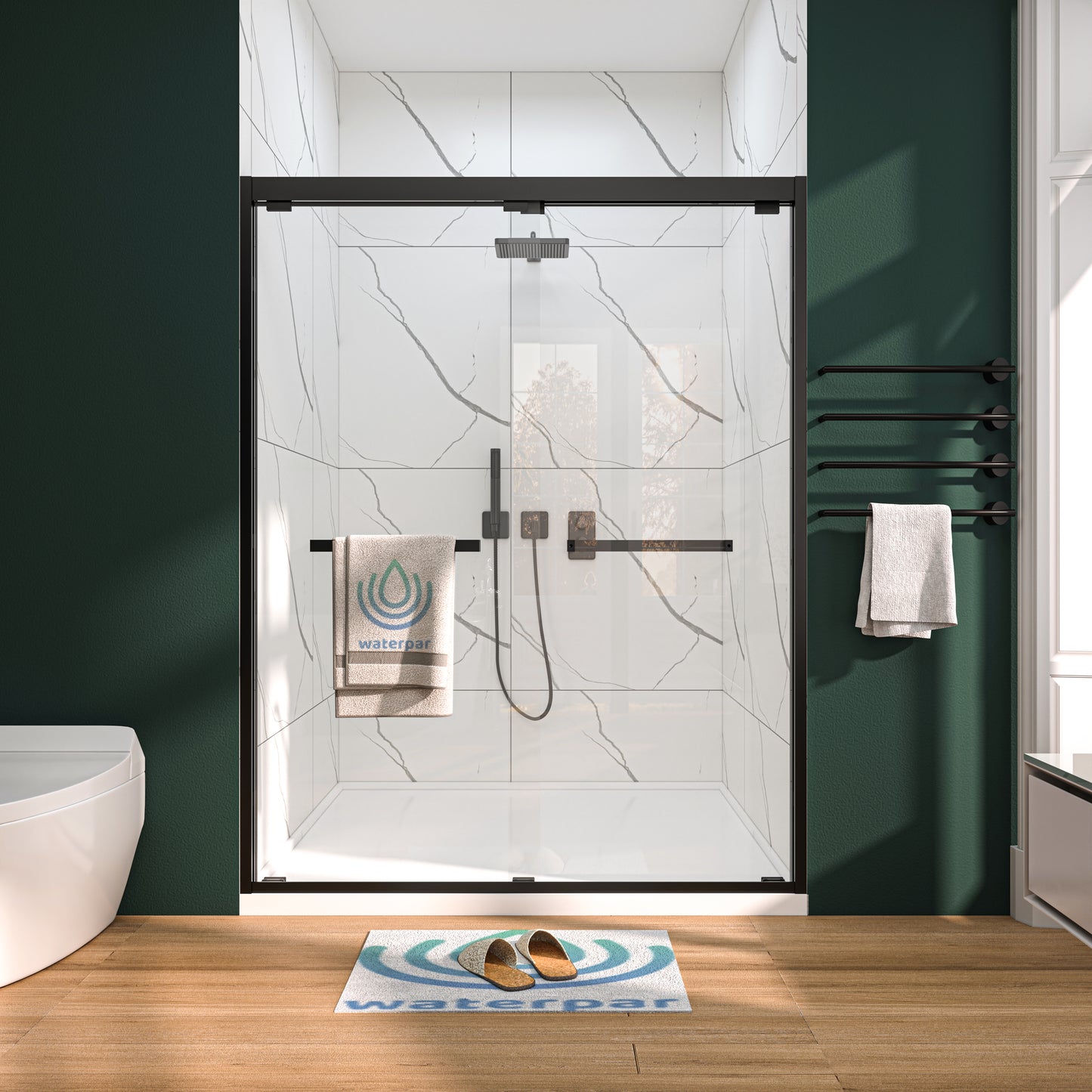 WATERPAR® Sliding Semi-Frameless Shower Door with Double Towel Bars Customization