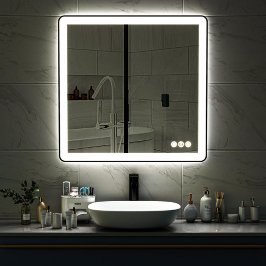 Waterpar® 38 in. W x 38 in. H Rectangular Framed Anti-Fog LED Wall Bathroom Vanity Mirror in Black with Backlit and Front Light