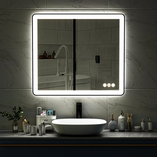 Waterpar® 40 in. W x 36 in. H Rectangular Framed Anti-Fog LED Wall Bathroom Vanity Mirror in Black with Backlit and Front Light