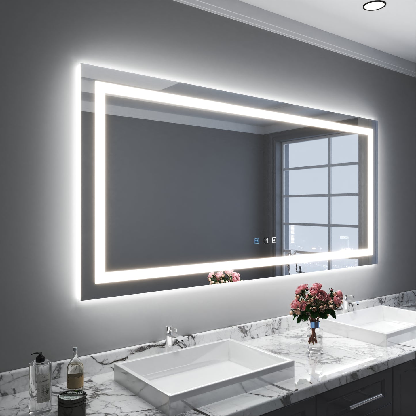 Waterpar® 78 in. W x 36 in. H Rectangular Frameless LED Light Anti-Fog Wall Bathroom Vanity Mirror with Backlit and Front Light