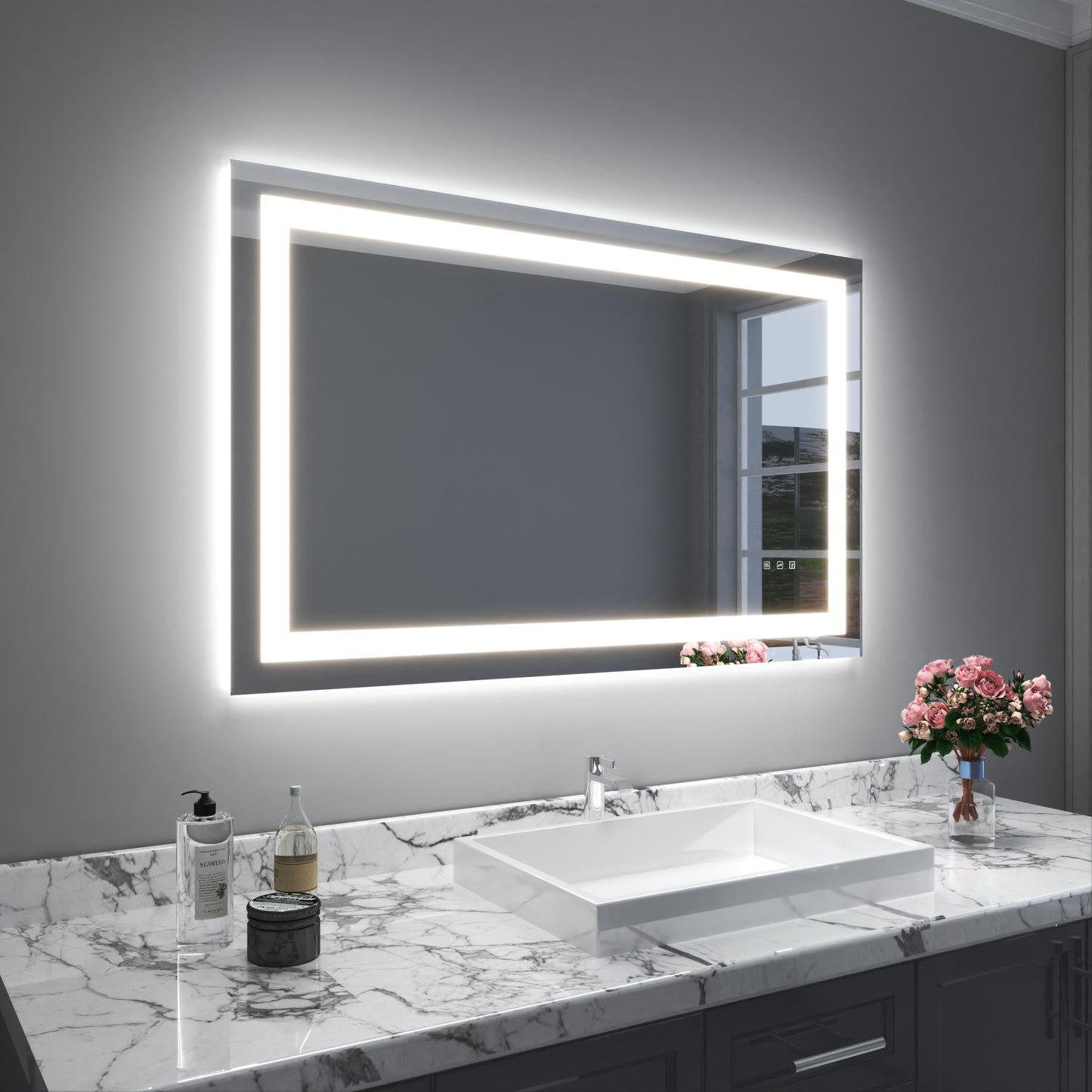 Waterpar® 48 in. W x 30 in. H LED Rectangular Frameless Anti-Fog Bathroom Mirror Front Light & Backlit