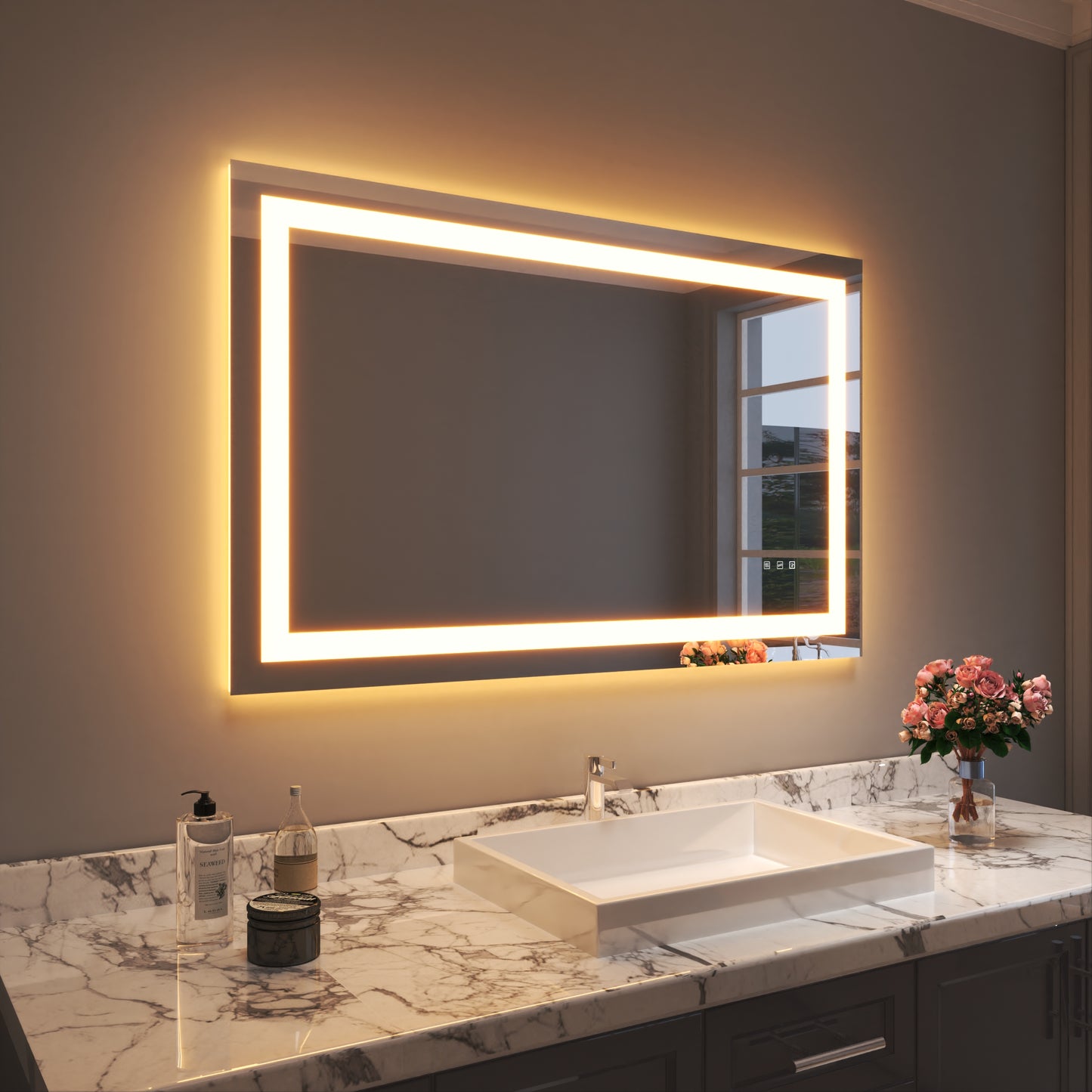 Waterpar® 48 in. W x 30 in. H LED Rectangular Frameless Anti-Fog Bathroom Mirror Front Light & Backlit