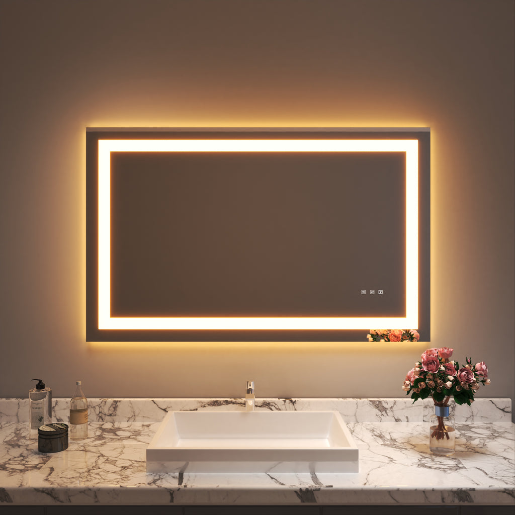 Waterpar® 48 in. W x 30 in. H LED Rectangular Frameless Anti-Fog Bathroom Mirror Front Light & Backlit