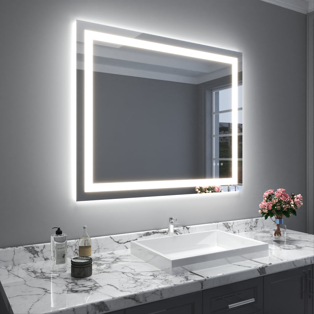 Waterpar® 44 in. W x 36 in. H LED Rectangular Frameless Anti-Fog Bathroom Mirror Front Light & Backlit