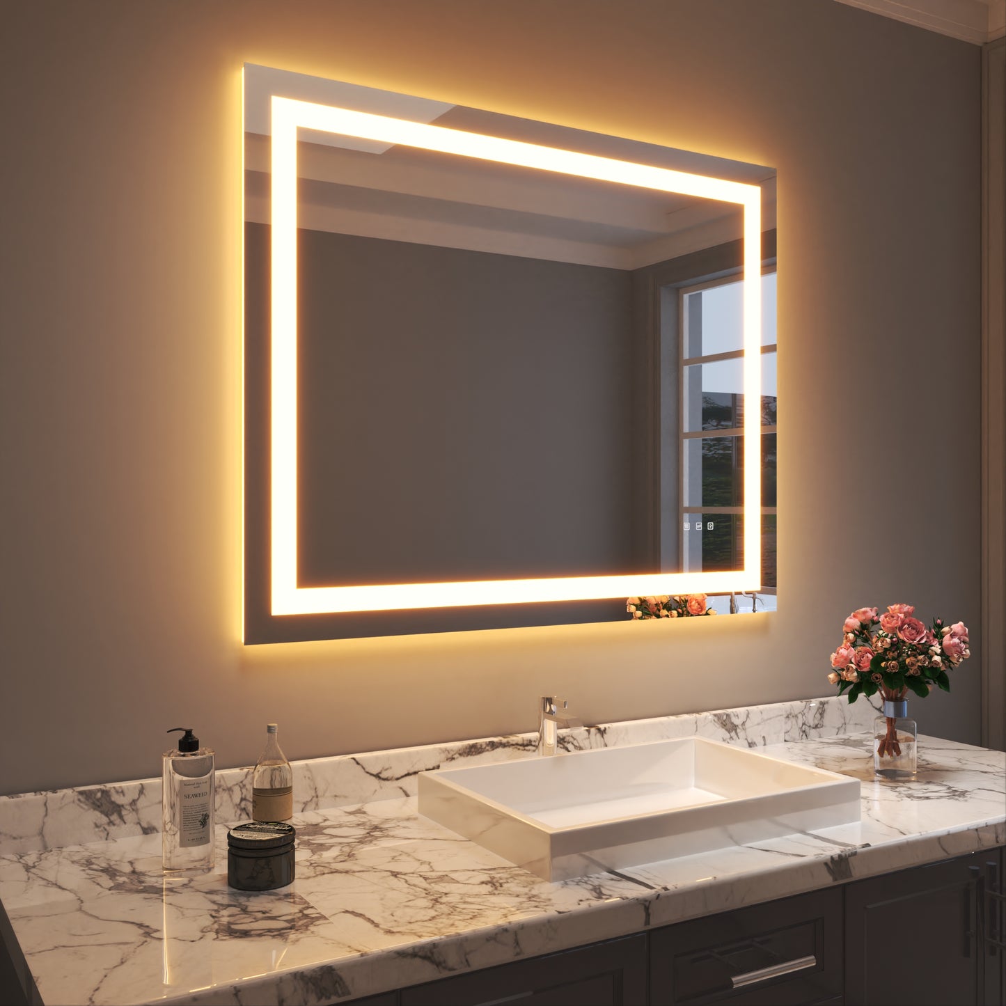 Waterpar® 44 in. W x 36 in. H LED Rectangular Frameless Anti-Fog Bathroom Mirror Front Light & Backlit