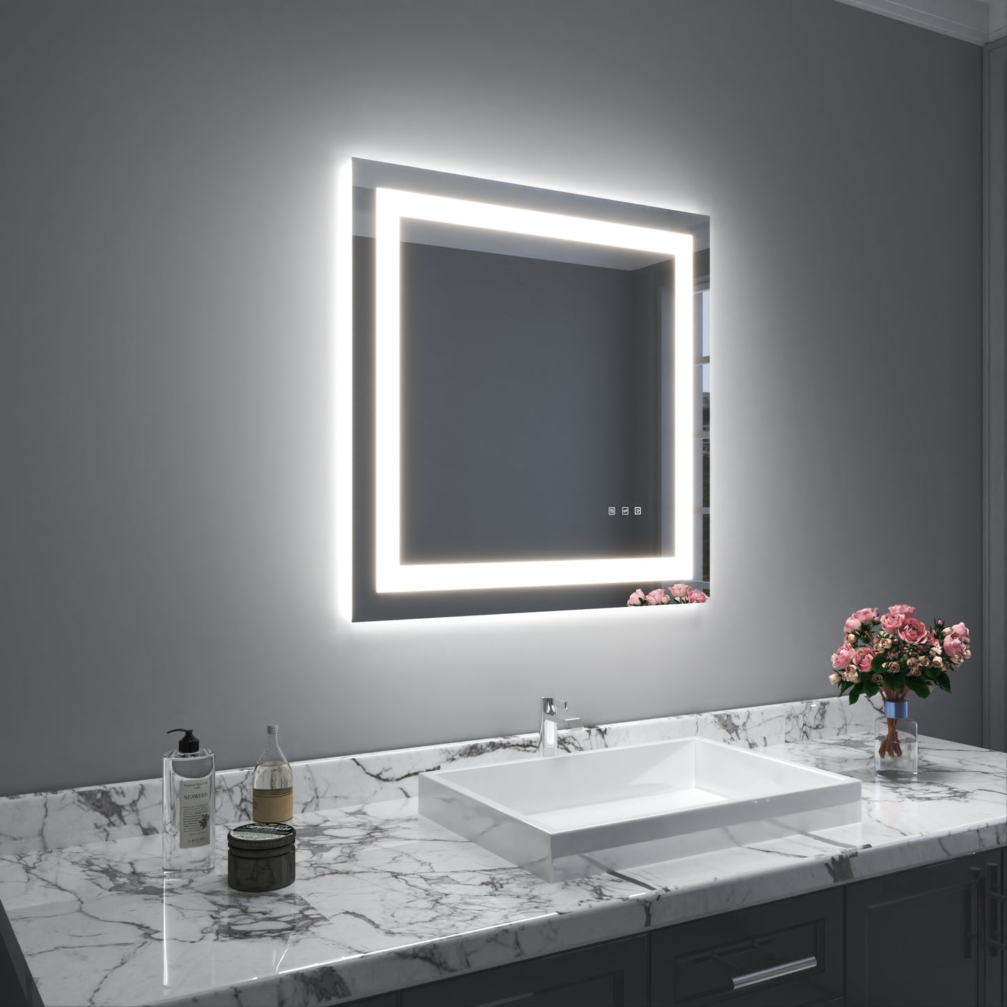 Waterpar® 30 in. W x 30 in. H LED Rectangular Frameless Anti-Fog Bathroom Mirror Front Light & Backlit