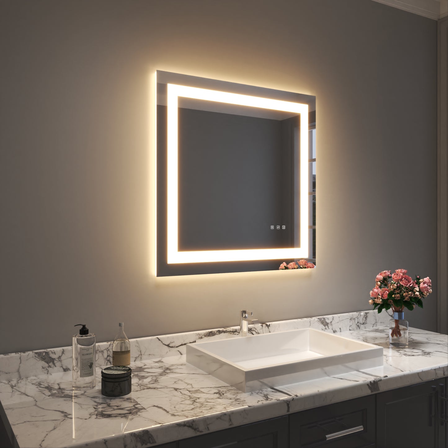 Waterpar® 30 in. W x 30 in. H LED Rectangular Frameless Anti-Fog Bathroom Mirror Front Light & Backlit