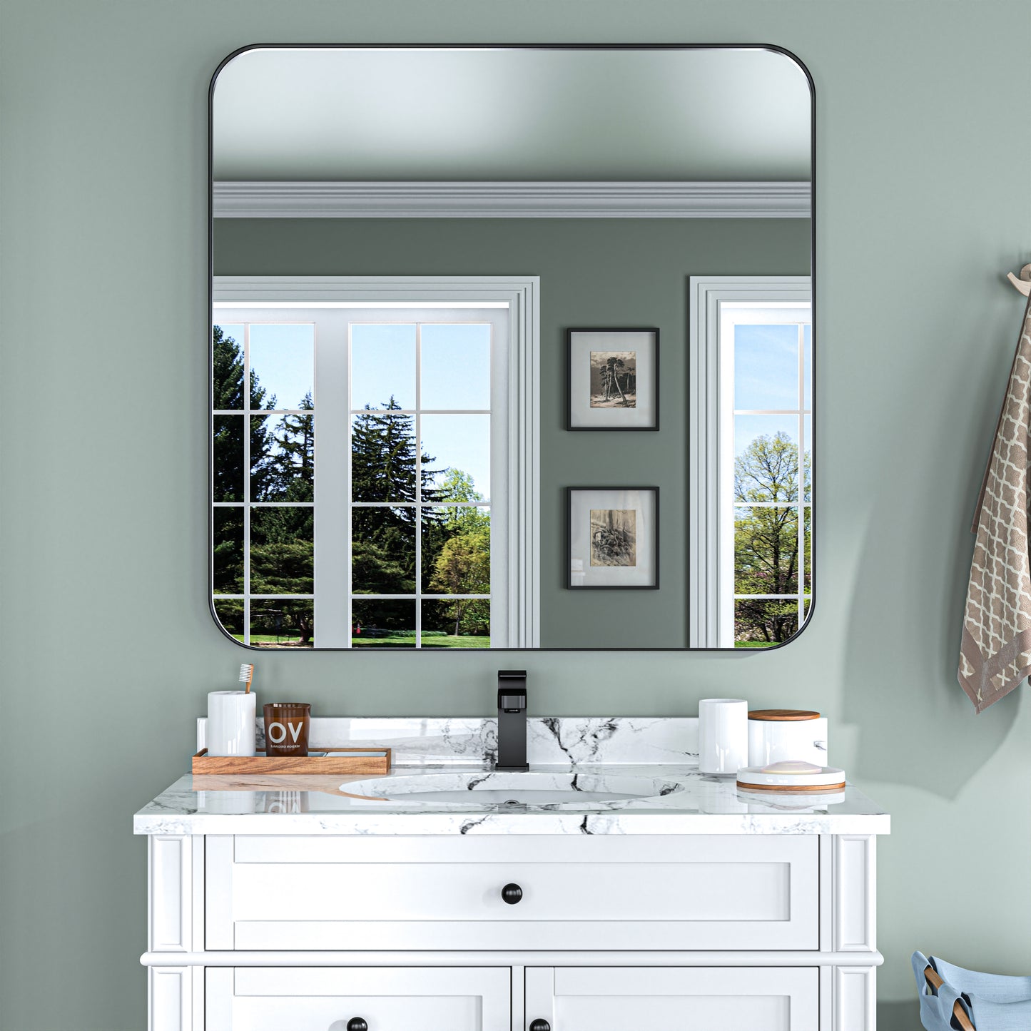 Waterpar® 36 in. W x 36 in. H Rectangular Aluminum Framed Wall Bathroom Vanity Mirror in Black