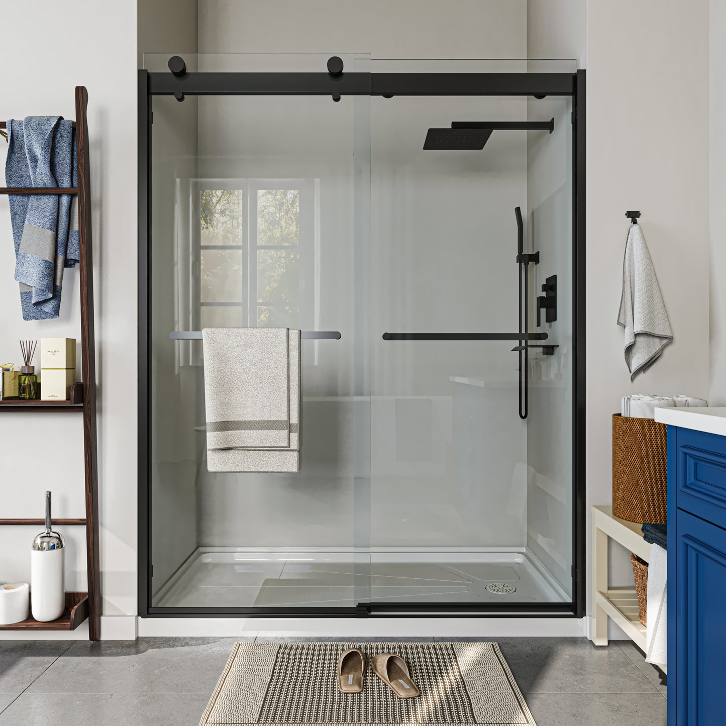 60 in. W x 76 in. H Double Sliding Aluminum Alloy Frame Shower Door in Matte black with Stainless Steel Handle
