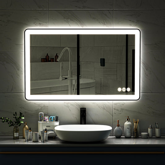 Waterpar® 48 in. W x 30 in. H Rectangular Framed Anti-Fog LED Wall Bathroom Vanity Mirror in Black with Backlit and Front Light