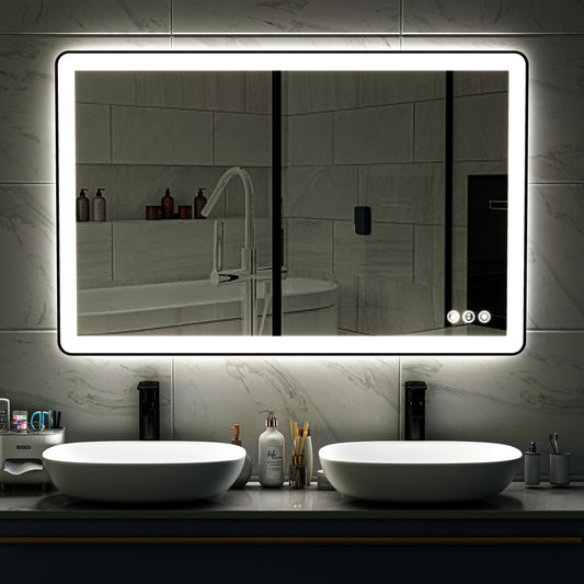 Waterpar® 55 in. W x 36 in. H Rectangular Framed Anti-Fog LED Wall Bathroom Vanity Mirror in Black with Backlit and Front Light