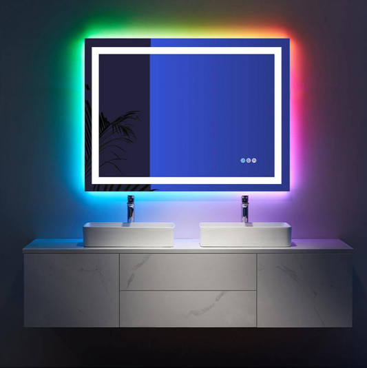 Waterpar® 48x36 in. Led Large Rectangular RGB Anti-Fog Bathroom Mirror Front & Backlit