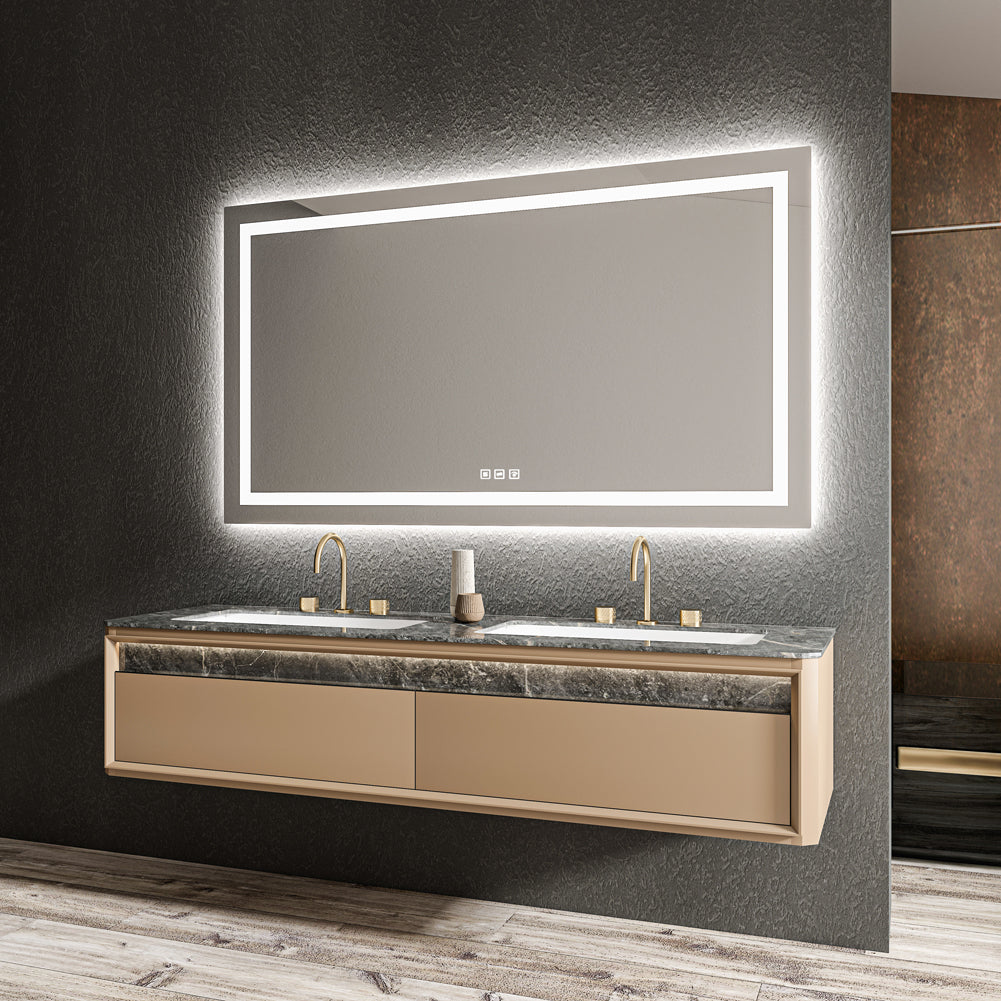 Waterpar® 72 in. W x 40 in. H Rectangular Frameless Wall Bathroom Vanity Mirror with Backlit and Front Light