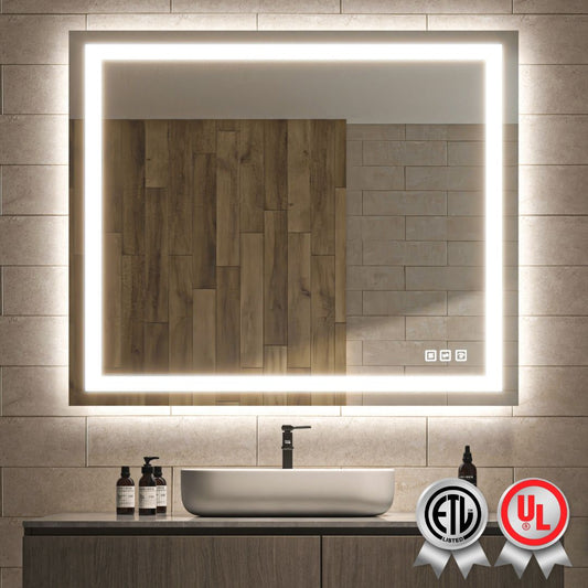 Waterpar® 48 in. W x 40 in. H Rectangular Frameless Wall Bathroom Vanity Mirror with Backlit and Front Light