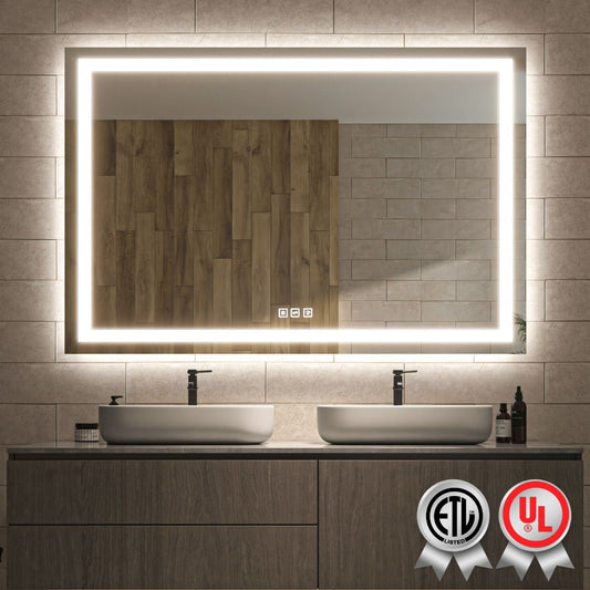 Waterpar® 60 in. W x 40 in. H Rectangular Frameless Wall Bathroom Vanity Mirror with Backlit and Front Light