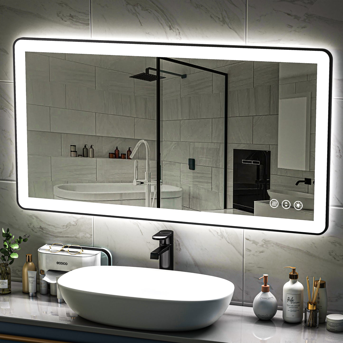 Waterpar® 55 in. W x 30 in. H Rectangular Framed Anti-Fog LED Wall Bathroom Vanity Mirror in Black with Backlit and Front Light