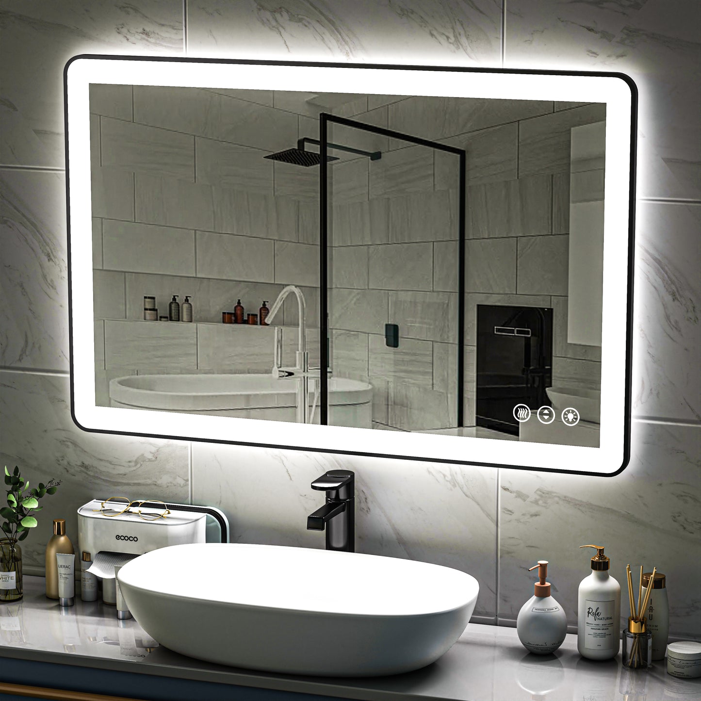 Waterpar® 48 in. W x 32 in. H Rectangular Framed Anti-Fog LED Wall Bathroom Vanity Mirror in Black with Backlit and Front Light