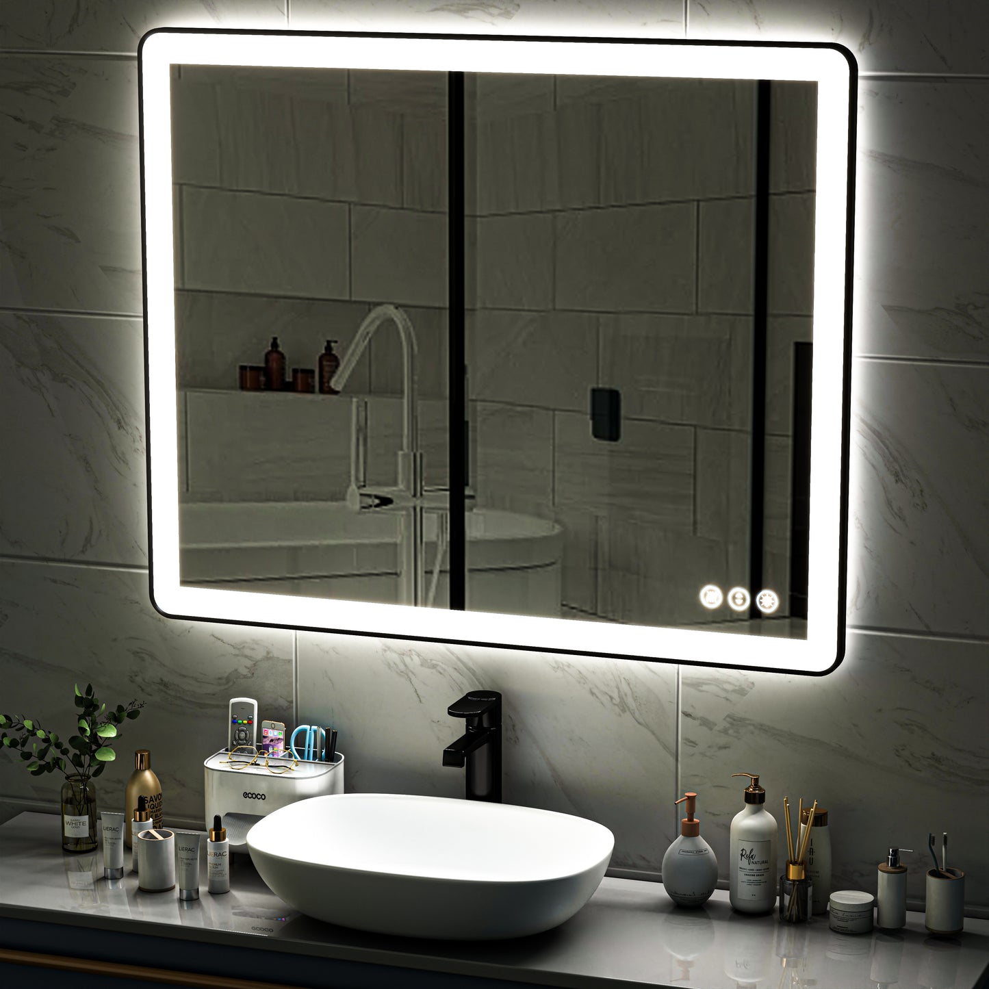 Waterpar® 48 in. W x 40 in. H Rectangular Framed Anti-Fog LED Wall Bathroom Vanity Mirror in Black with Backlit and Front Light