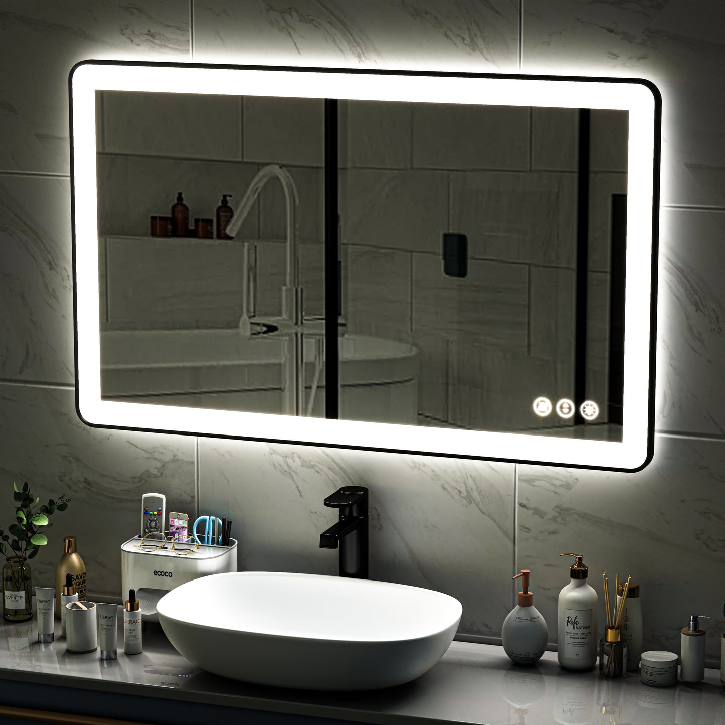 Waterpar® 48 in. W x 30 in. H Rectangular Framed Anti-Fog LED Wall Bathroom Vanity Mirror in Black with Backlit and Front Light