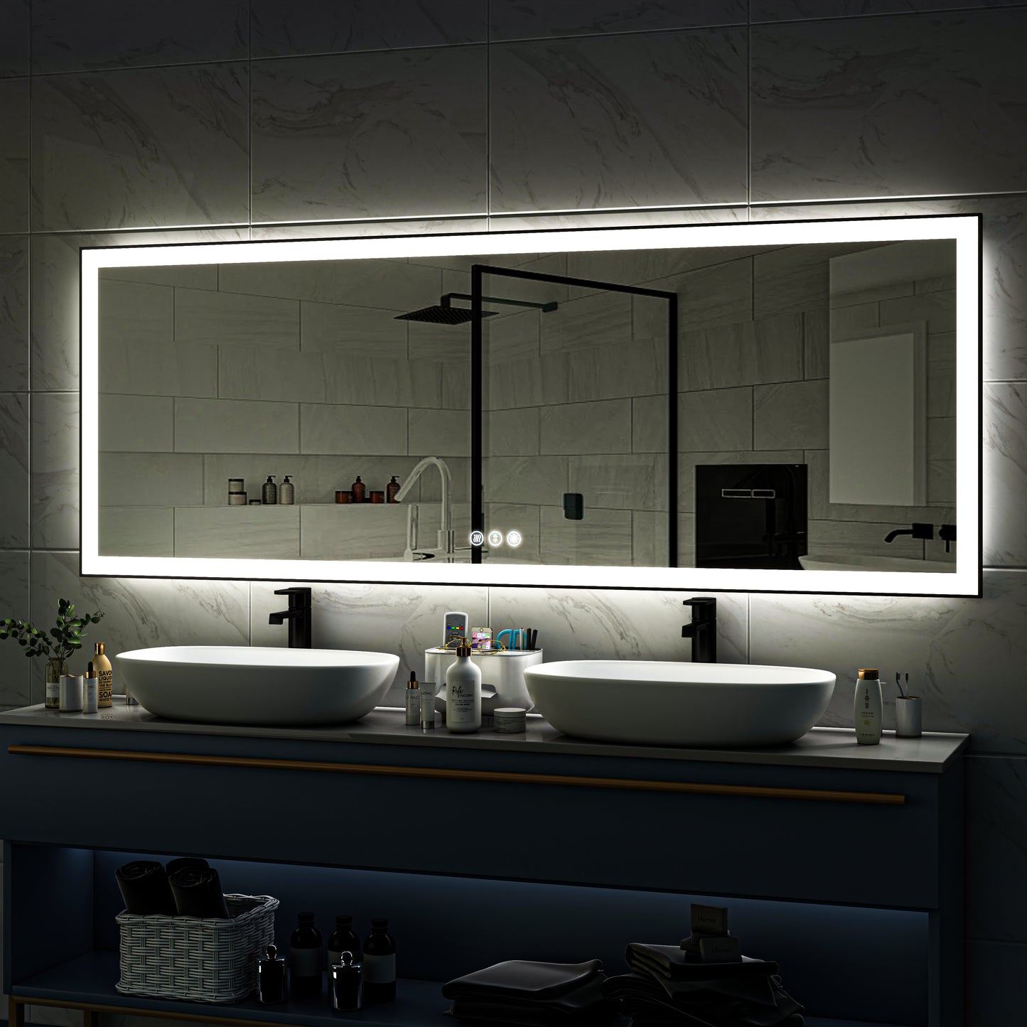 Waterpar® 96 in. W x 36 in. H Rectangular Framed Anti-Fog LED Wall Bathroom Vanity Mirror in Black with Backlit and Front Light