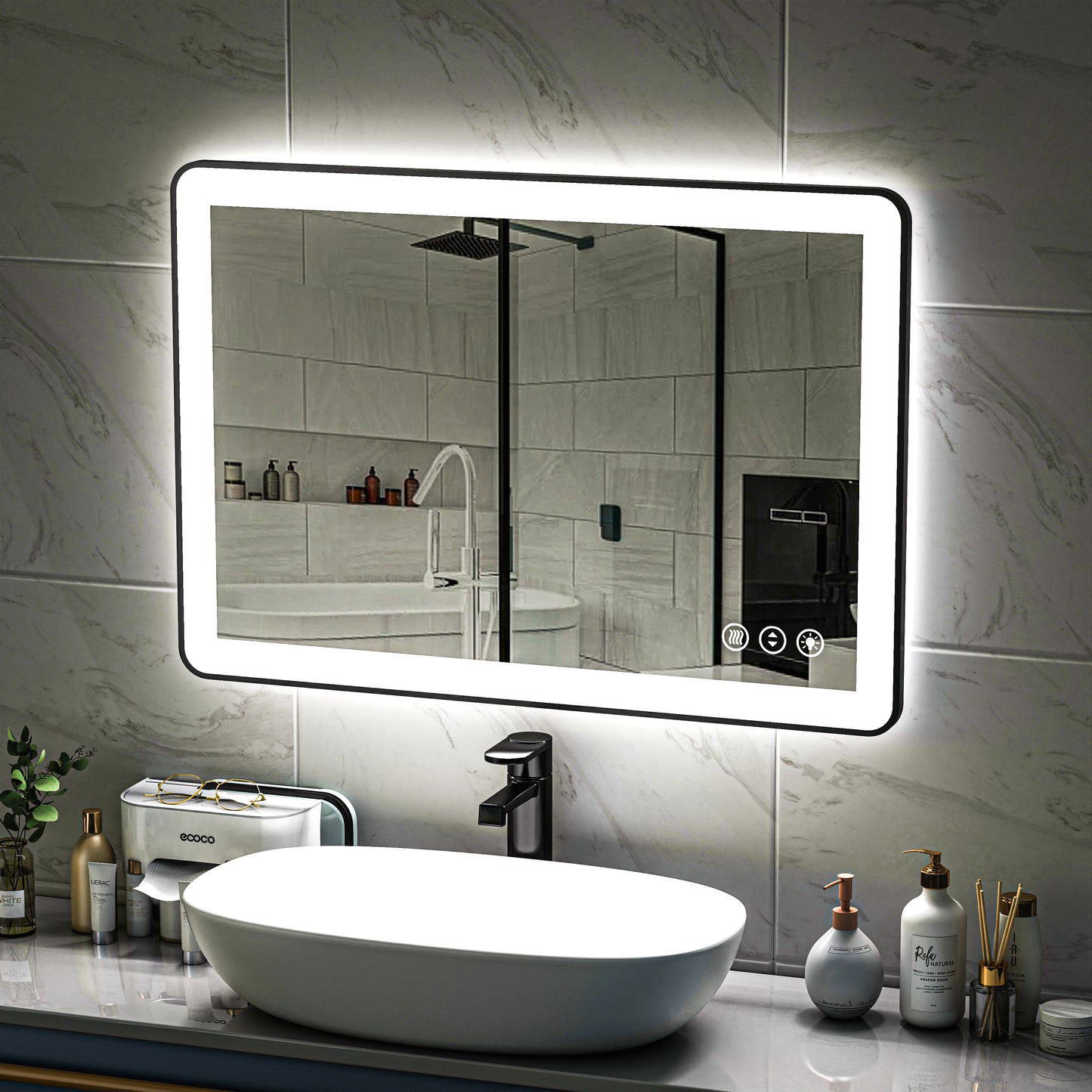 Waterpar® 40 in. W x 30 in. H Rectangular Framed Anti-Fog LED Wall Bathroom Vanity Mirror in Black with Backlit and Front Light