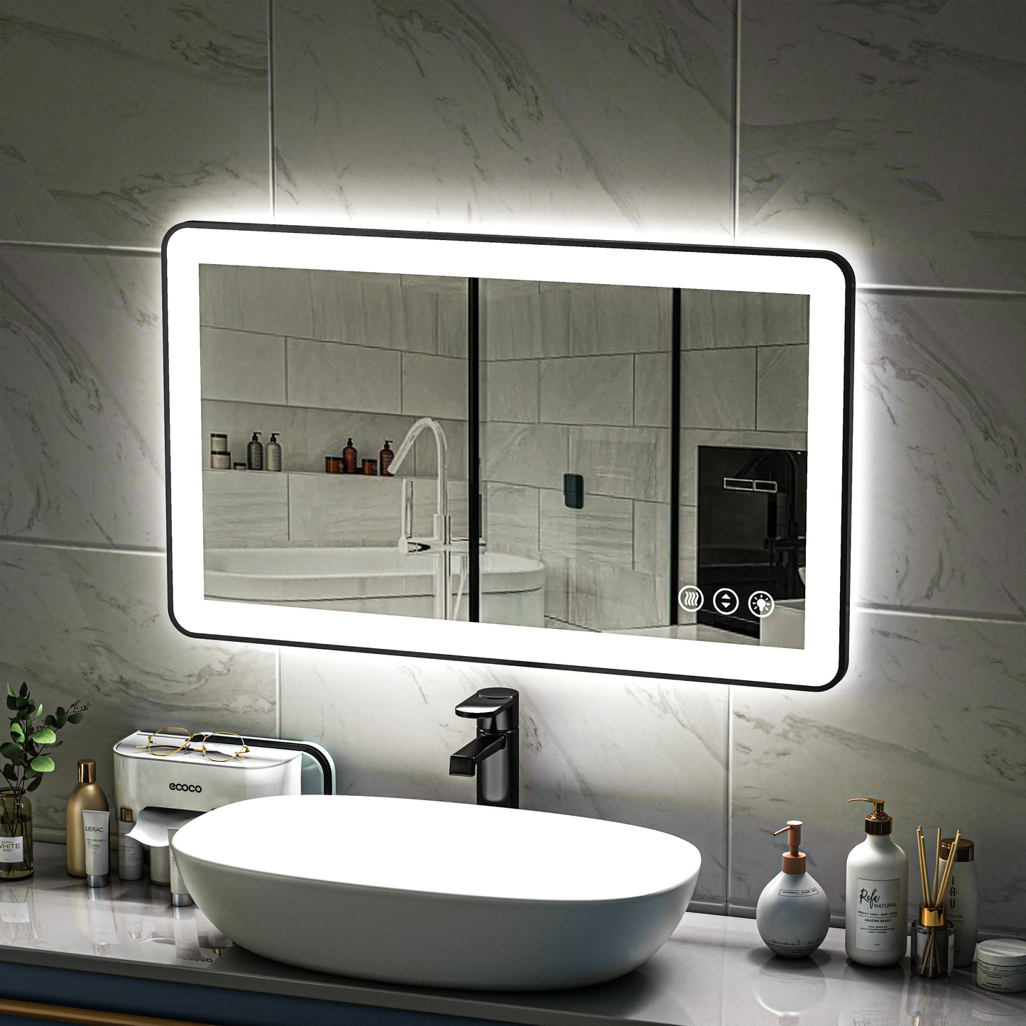 Waterpar®  40 in. W x 24 in. H Rectangular Framed Anti-Fog LED Wall Bathroom Vanity Mirror in Black with Backlit and Front Light