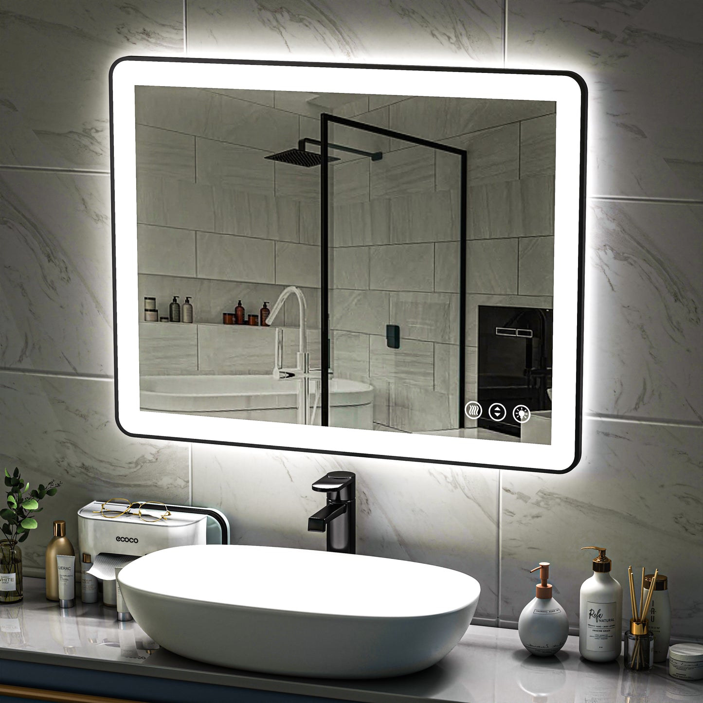 Waterpar® 40 in. W x 32 in. H Rectangular Framed Anti-Fog LED Wall Bathroom Vanity Mirror in Black with Backlit and Front Light