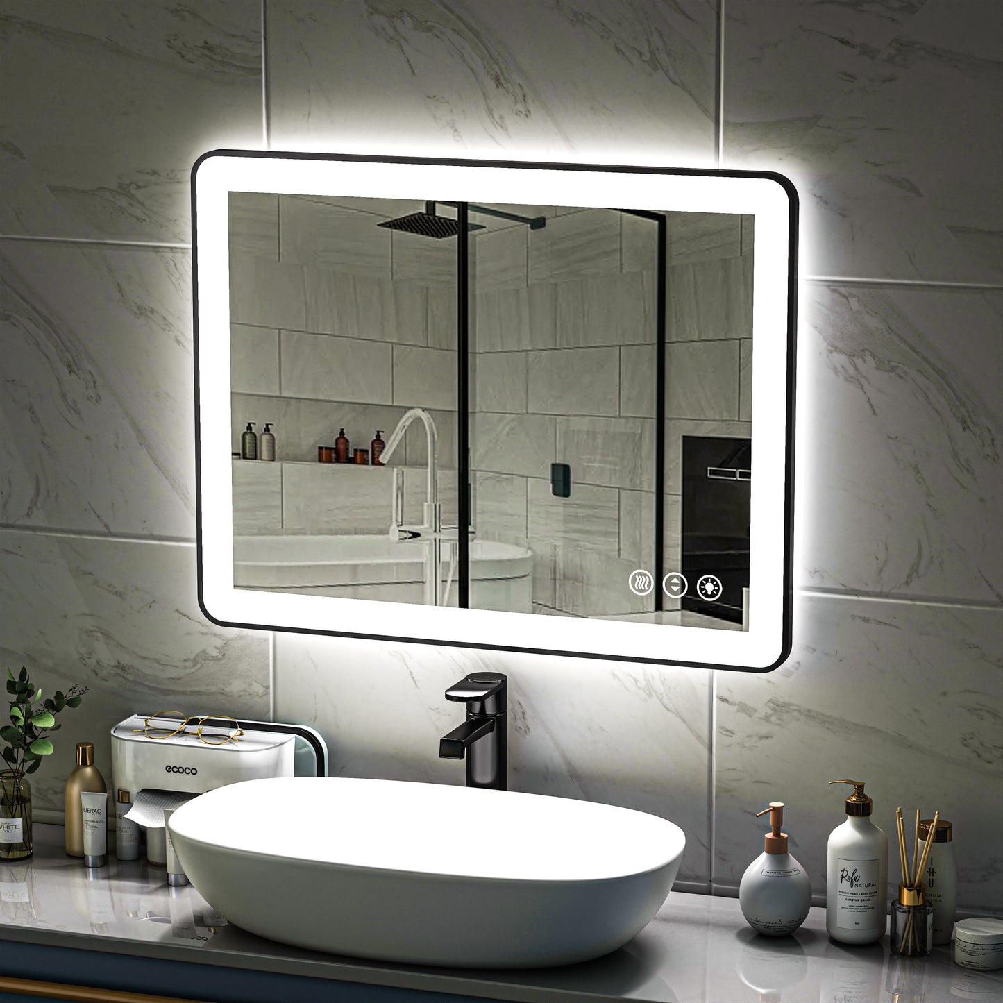 Waterpar® 28 in. W x 36 in. H Rectangular Framed Anti-Fog LED Wall Bathroom Vanity Mirror in Black with Backlit and Front Light
