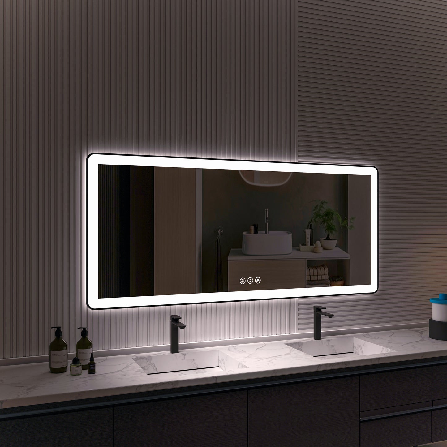 Waterpar®  72 in. W x 32 in. H Rectangular Framed Anti-Fog LED Wall Bathroom Vanity Mirror in Black with Backlit and Front Light