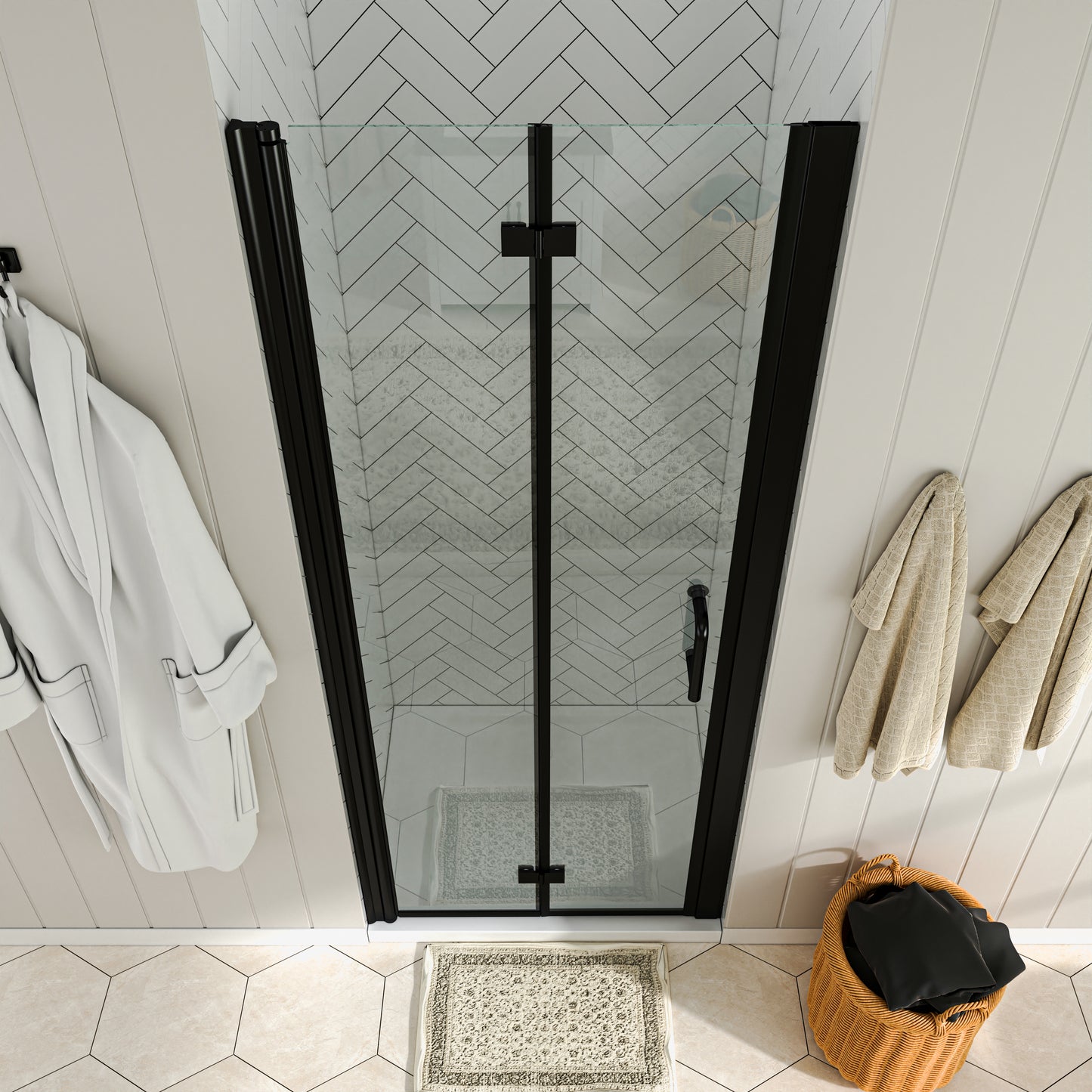 Waterpar® Bi-Fold Minimalist Frameless Shower Door Matte Black Clear Glass