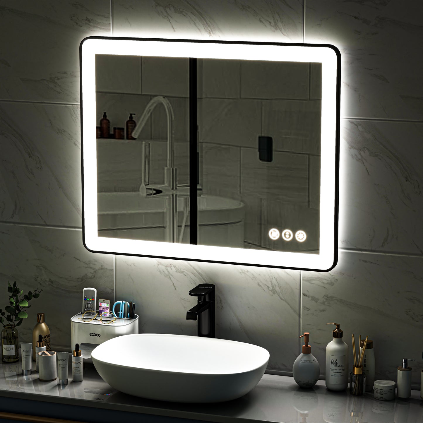 Waterpar® 36 in. W x 30 in. H Rectangular Framed Anti-Fog LED Wall Bathroom Vanity Mirror in Black with Backlit and Front Light