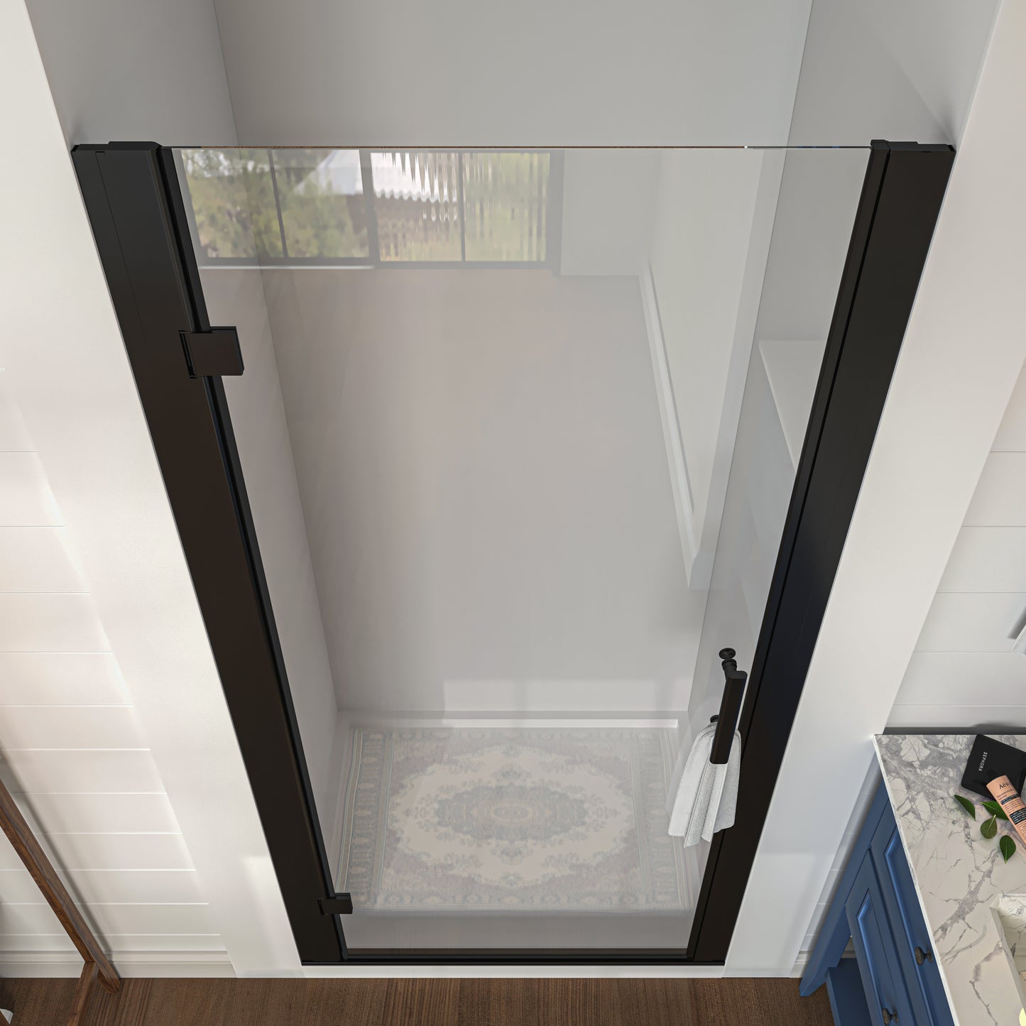 Waterper® Pivot Swing Frameless Shower Door in Black with Clear Glass