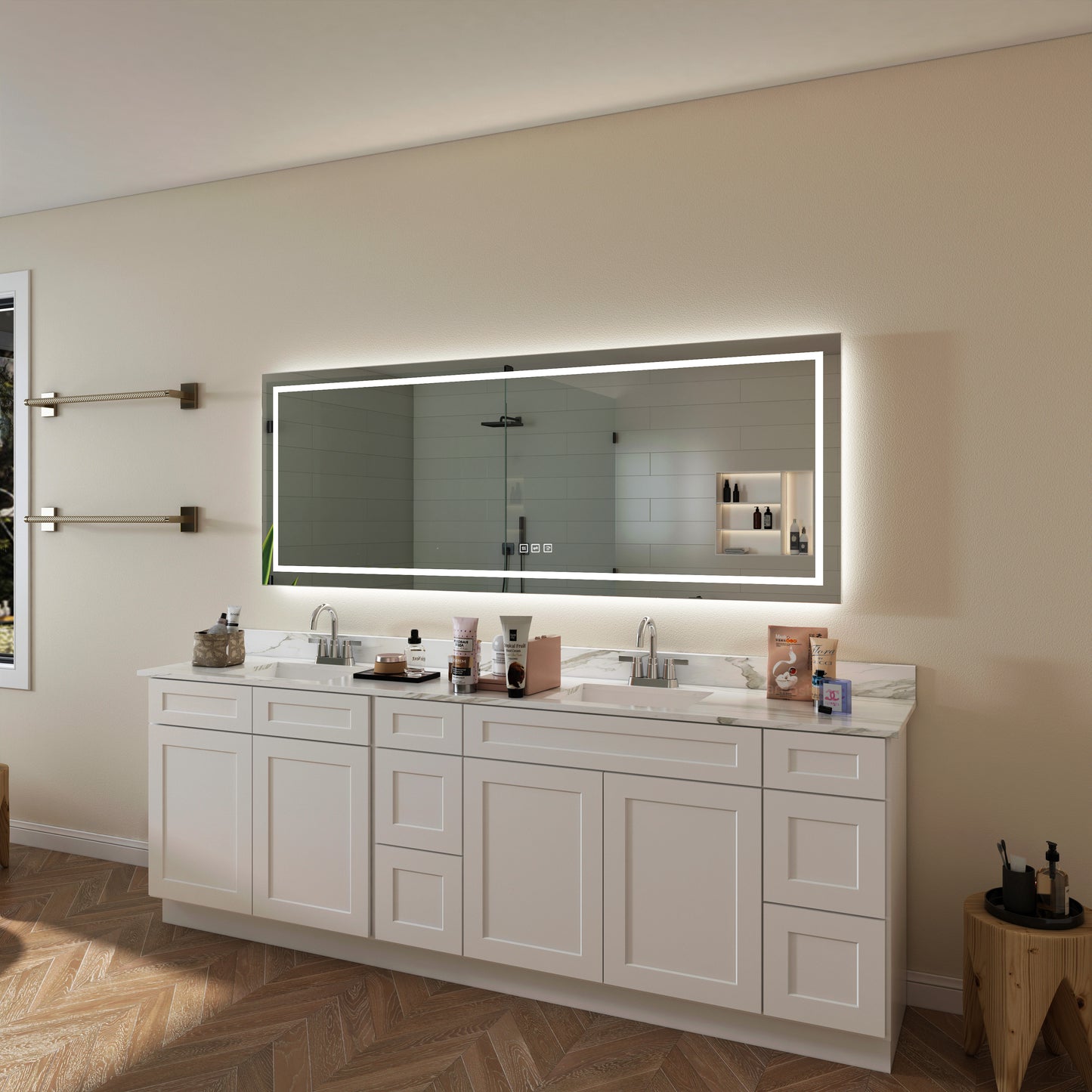 Waterpar® 84 in. W x 32 in. H Rectangular Frameless Wall Bathroom Vanity Mirror with Backlit and Front Light