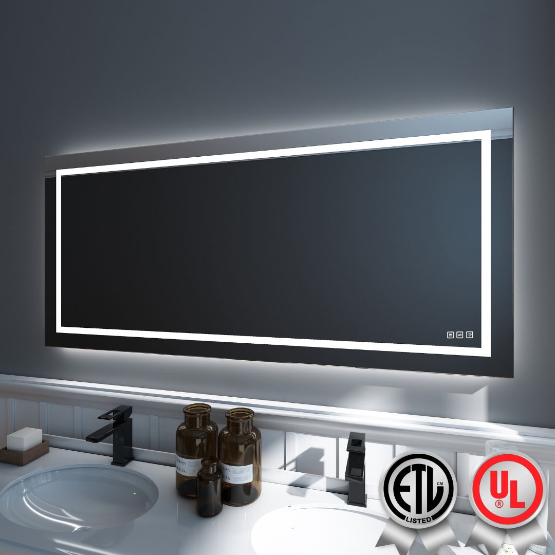Waterpar® 60 in. W x 28 in. H LED Large Rectangular Frameless Anti-Fog Bathroom Mirror Front & Backlit