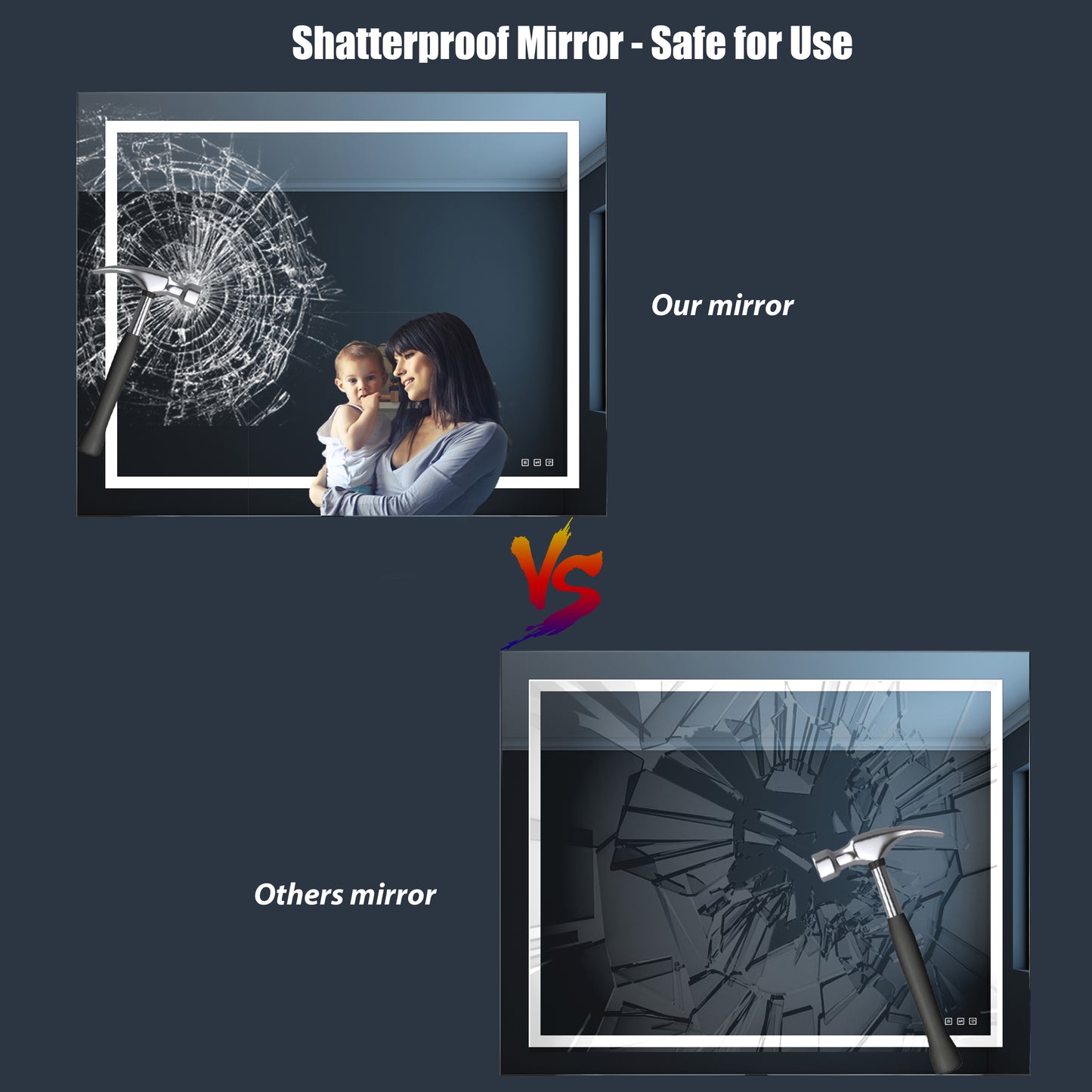 Waterpar® 40 in. W x 24 in. H LED Large Rectangular Frameless Anti-Fog Bathroom Mirror Front & Backlit