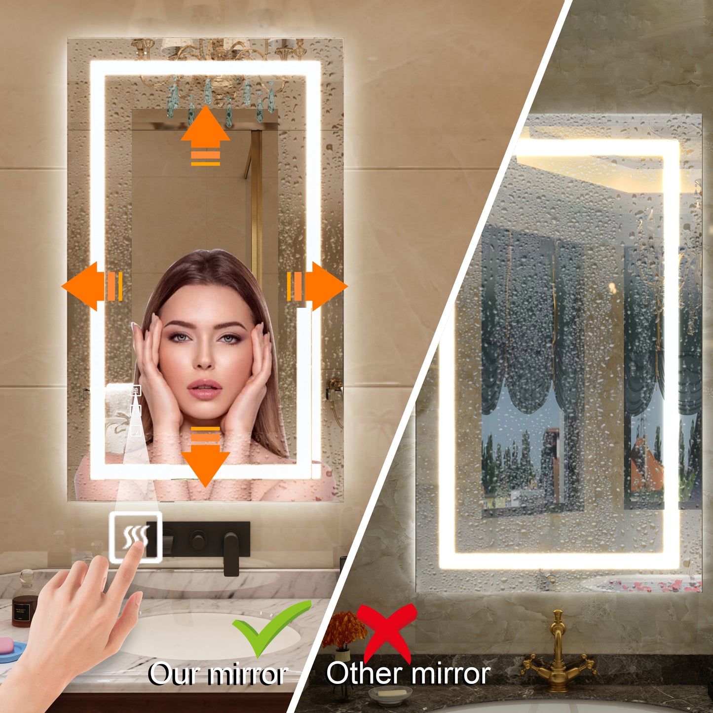 Waterpar® 36 in. W x 24 in. H LED Rectangular Frameless Anti-Fog Bathroom Mirror Front Light