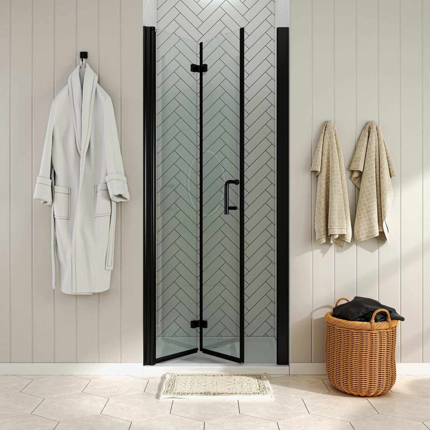 Waterpar® Bi-Fold Minimalist Frameless Shower Door Matte Black Clear Glass