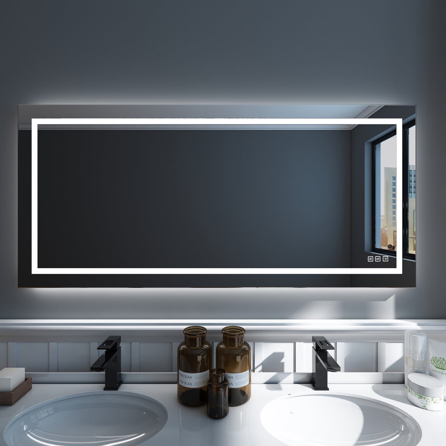 Waterpar® 60 in. W x 28 in. H LED Large Rectangular Frameless Anti-Fog Bathroom Mirror Front & Backlit