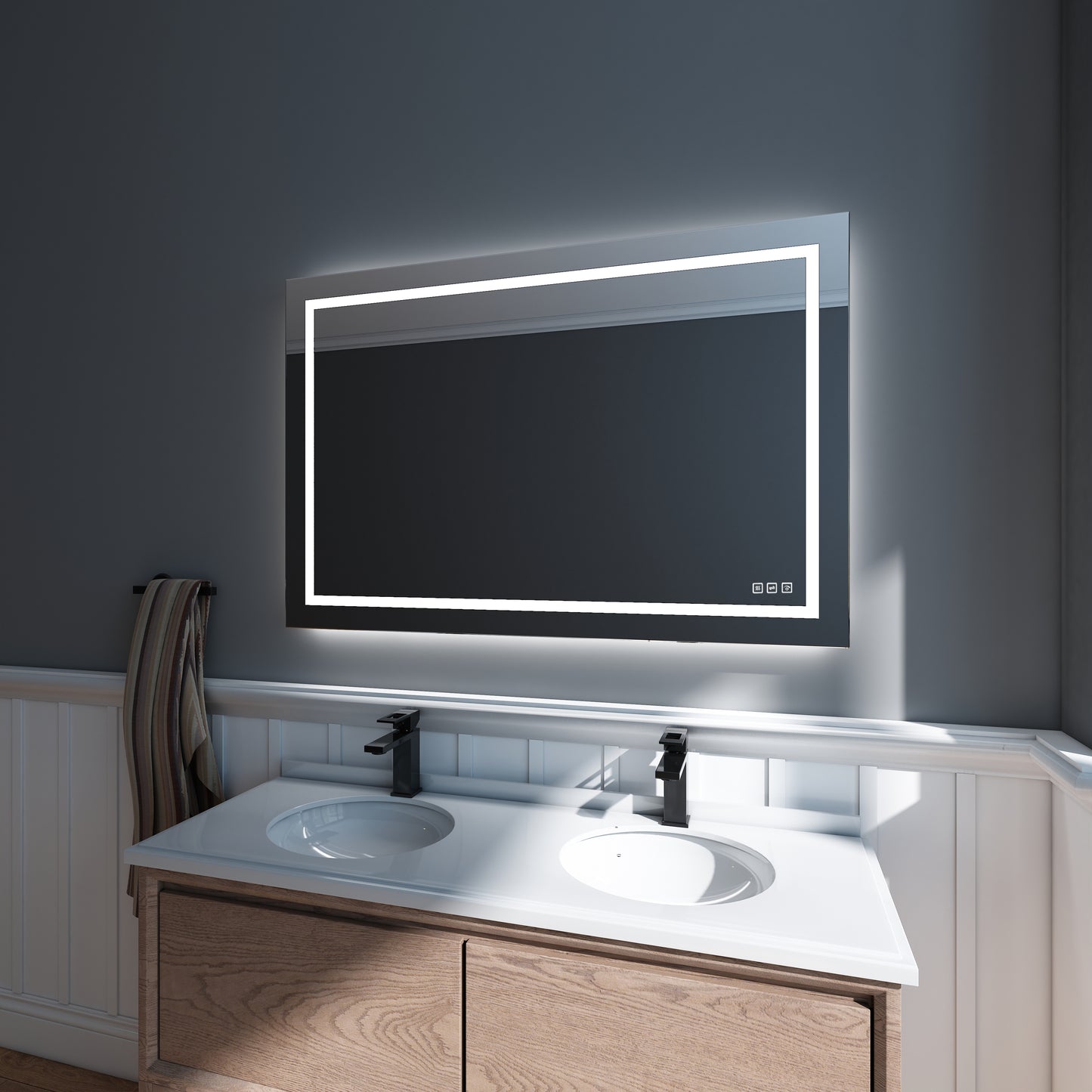 Waterpar® 48 in. W x 32 in. H LED Large Rectangular Frameless Anti-Fog Bathroom Mirror Front & Backlit