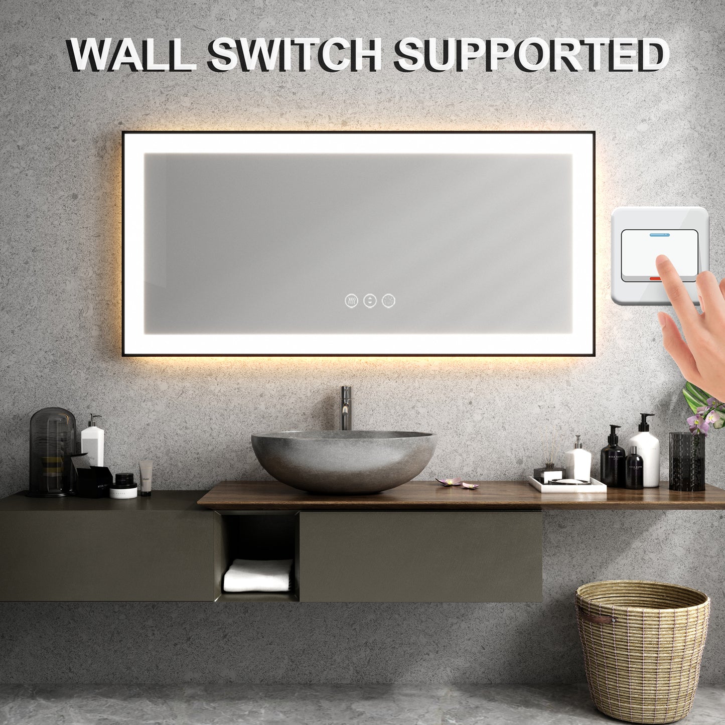 Waterpar® 60 in. W x 28 in. H Rectangular Framed Anti-Fog LED Wall Bathroom Vanity Mirror in Black with Backlit and Front Light