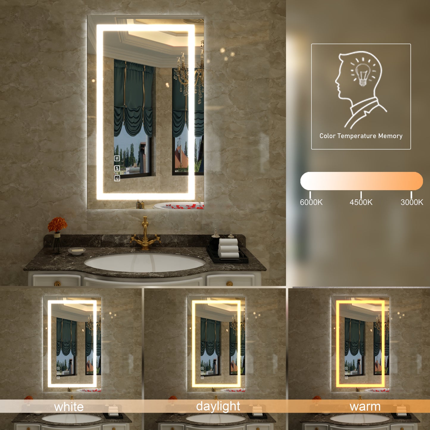 Waterpar® 30 in. W x 36 in. H LED Large Rectangular Frameless Anti-Fog Wall Bathroom Mirror Front Light