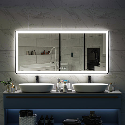Waterpar® 77 in. W x 36 in. H Rectangular Framed Anti-Fog LED Wall Bathroom Vanity Mirror in Black with Backlit and Front Light