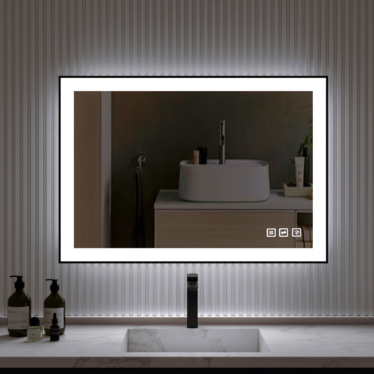 Waterpar® 40 in. W x 24 in. H Rectangular Framed Anti-Fog LED Wall Bathroom Vanity Mirror in Black with Backlit and Front Light