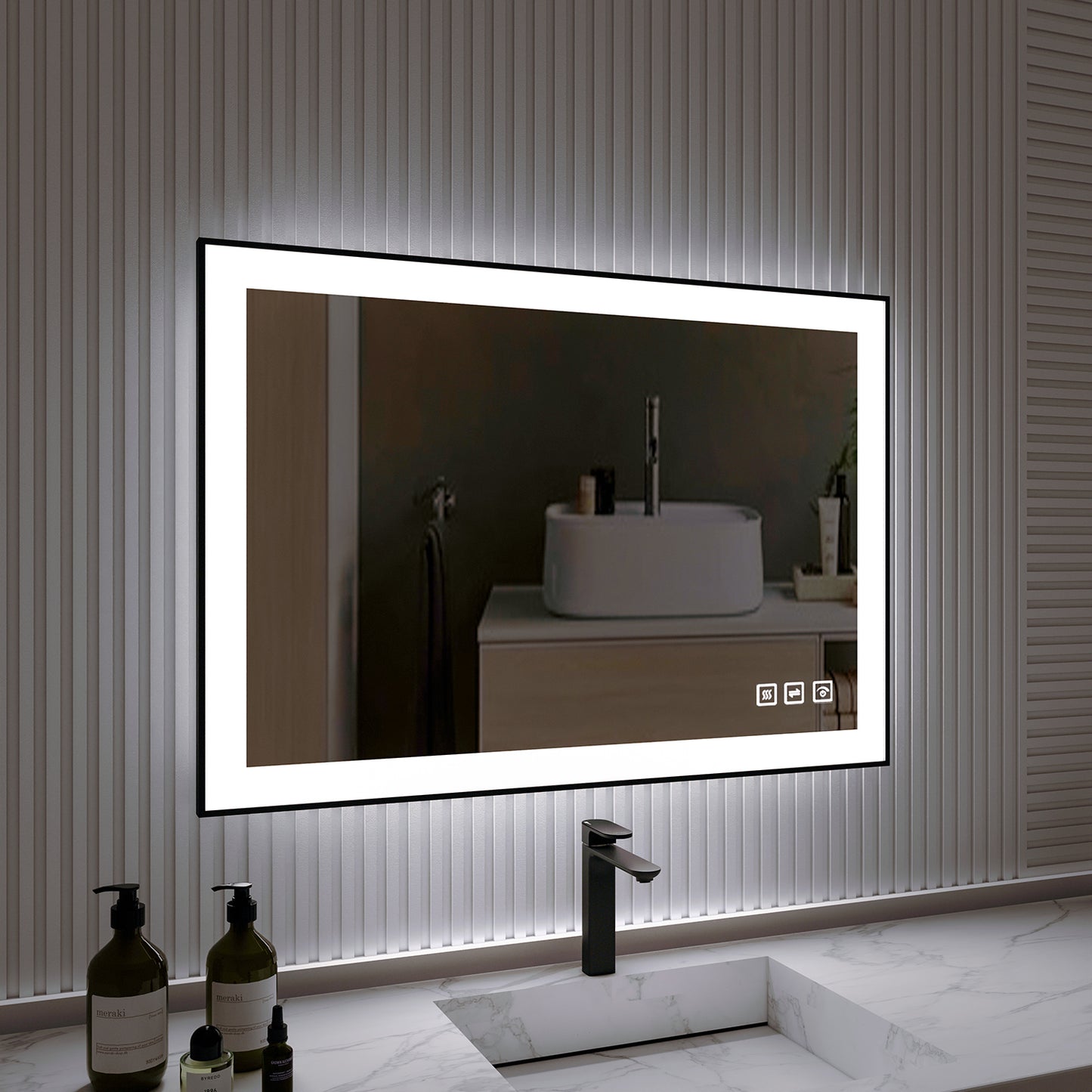 Waterpar® 40 in. W x 24 in. H Rectangular Framed Anti-Fog LED Wall Bathroom Vanity Mirror in Black with Backlit and Front Light