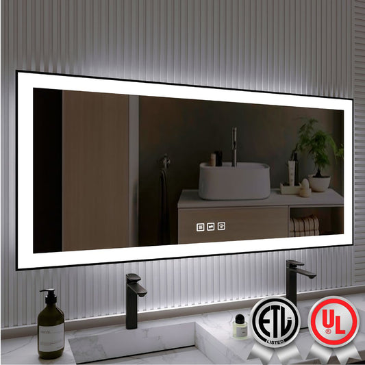 Waterpar® 60 in. W x 28 in. H Rectangular Framed Anti-Fog LED Wall Bathroom Vanity Mirror in Black with Backlit and Front Light