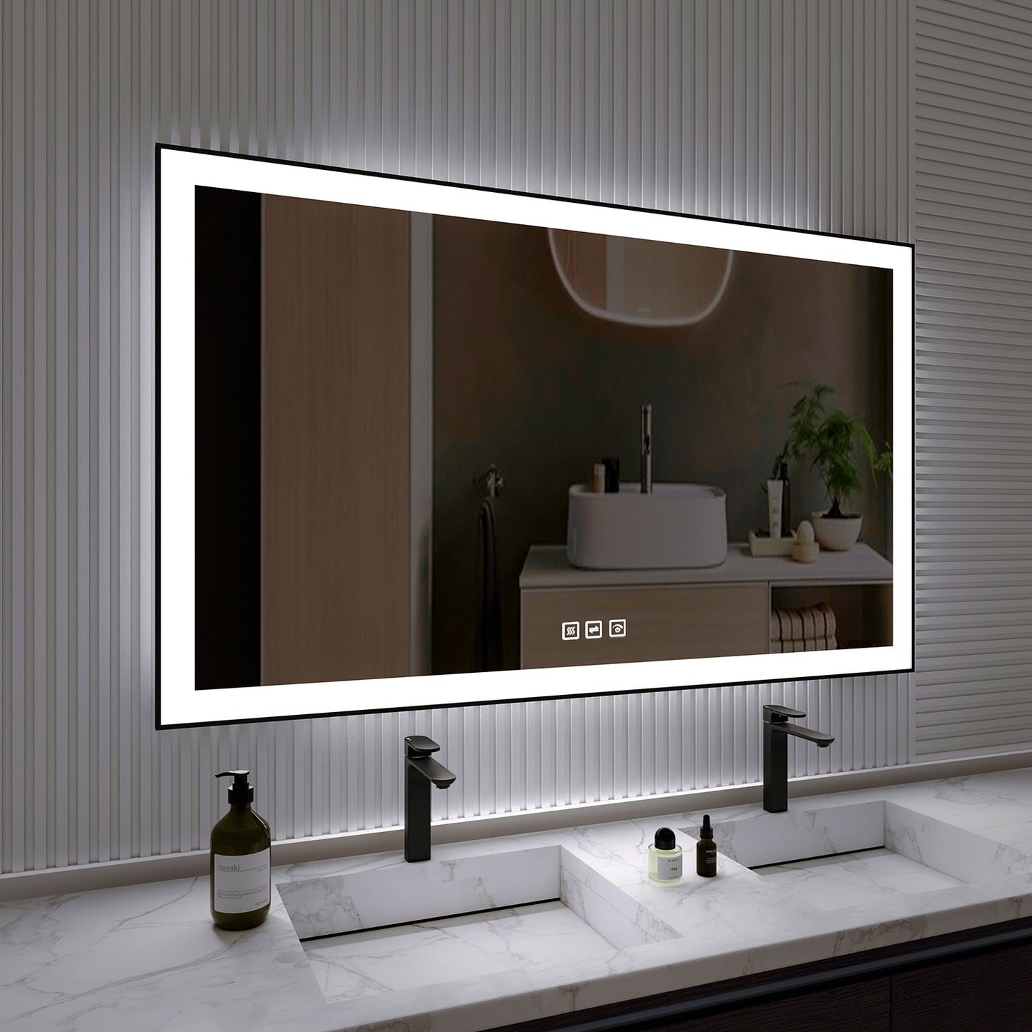 Waterpar® 60 in. W x 36 in. H Rectangular Framed Anti-Fog LED Wall Bathroom Vanity Mirror in Black with Backlit and Front Light